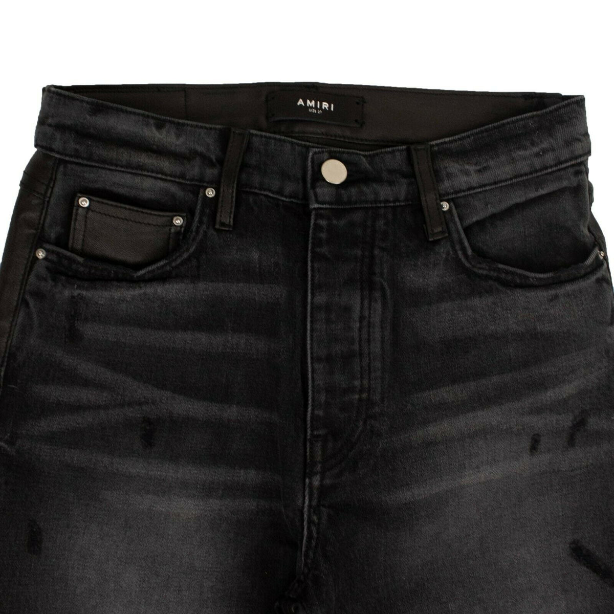 Amiri Crop Straight Lthr Denim Pants - Black