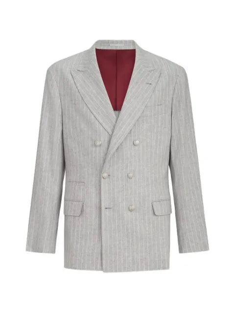 Brunello Cucinelli Virgin wool and cashmere chalk stripe flannel one-and-a-half breasted deconstructed blazer with metal buttons