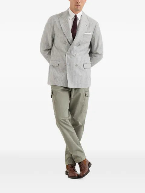 Brunello Cucinelli Virgin wool and cashmere chalk stripe flannel one-and-a-half breasted deconstructed blazer with metal buttons