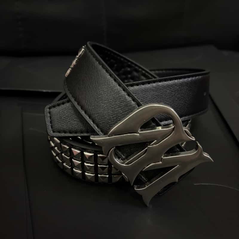 Y2K Punk Dark Jeans Belt Black Leather Studded Removable Buckle Waist