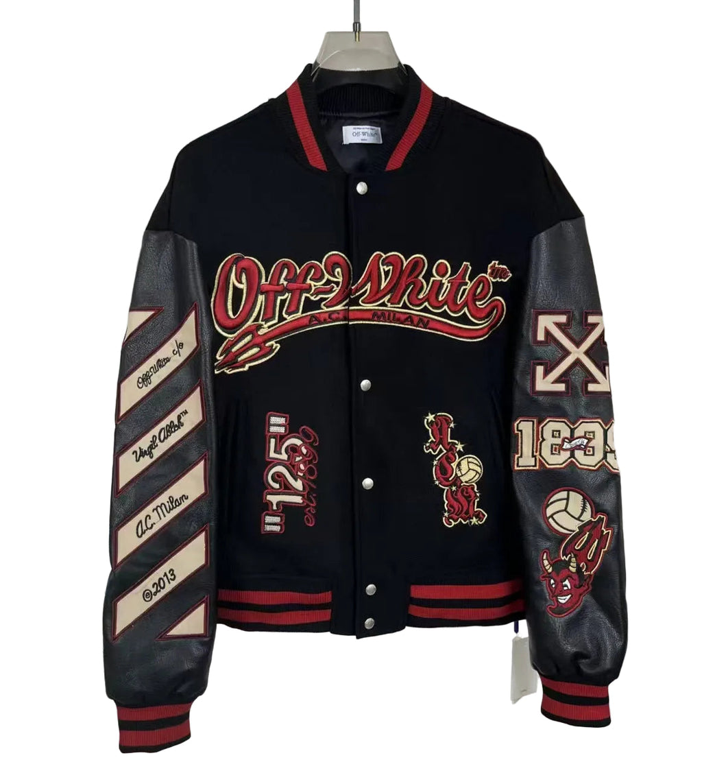 Off-White Cartoon Devil Graphic Varsity Jacket Unisex