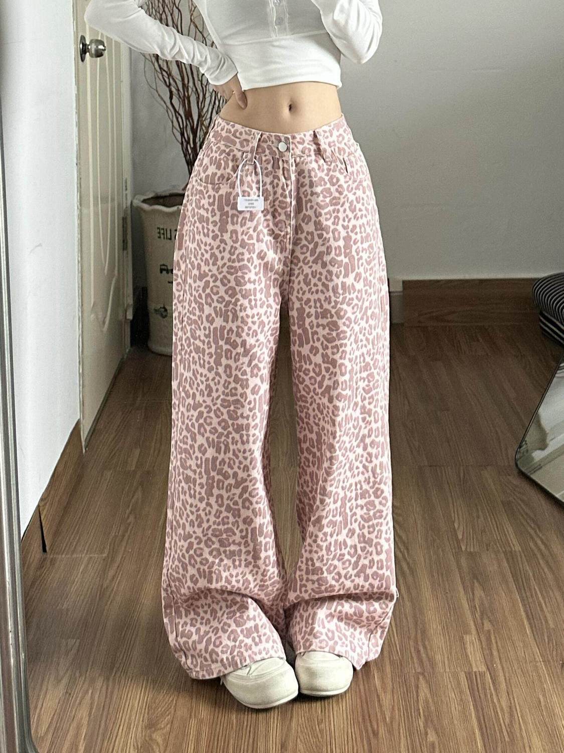 Pink Leopard Print High Waist Wide Leg Baggy Denim Trousers