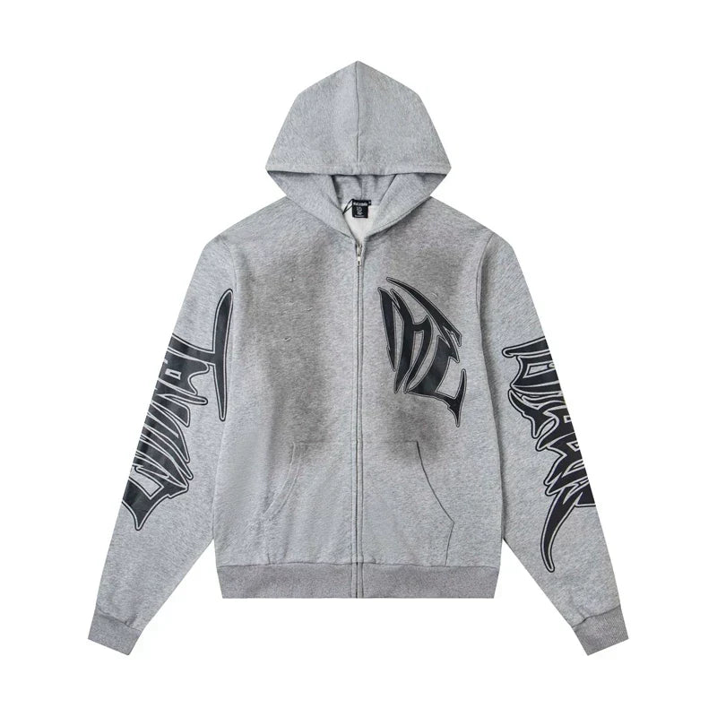 Mixed Emotion Grey Washed Gothic Graphic Zip Up Hoodie