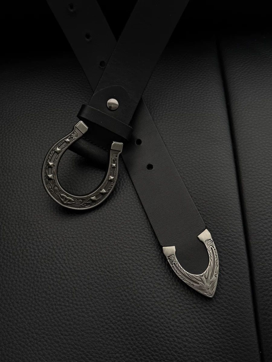 Vintage Horseshoe Engraved Leather Belt Western Antique Metal Buckle