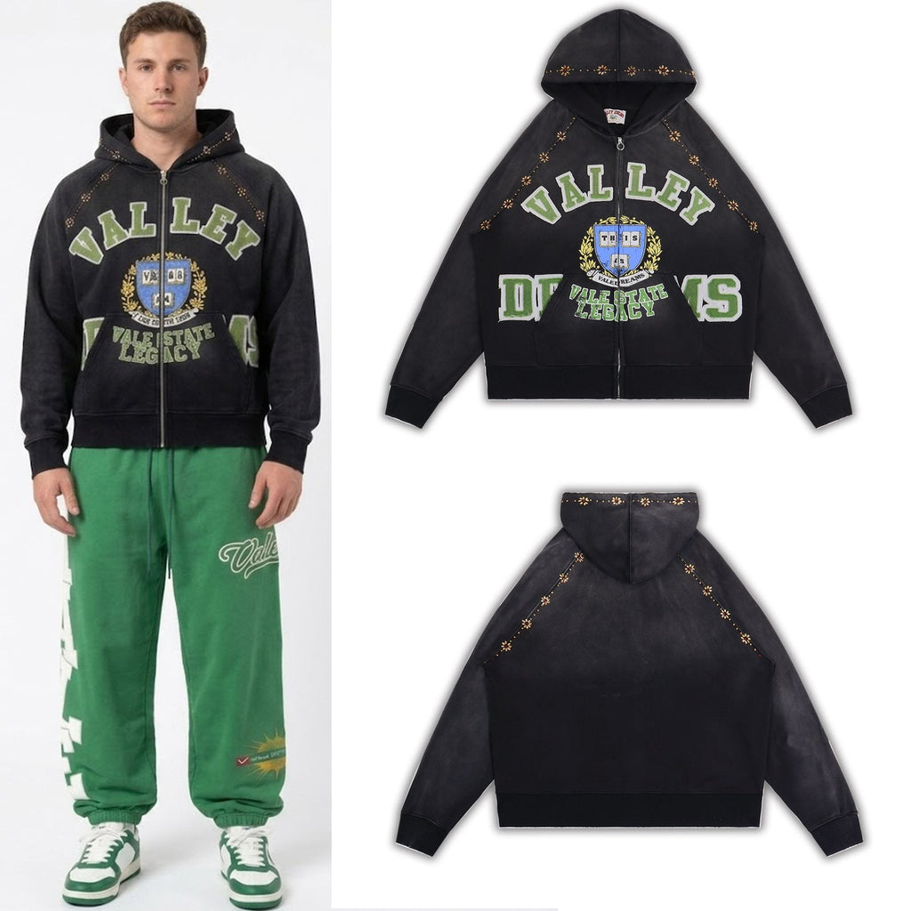 Valley Dreams Washed Black Collegiate Crest Zip Hoodie