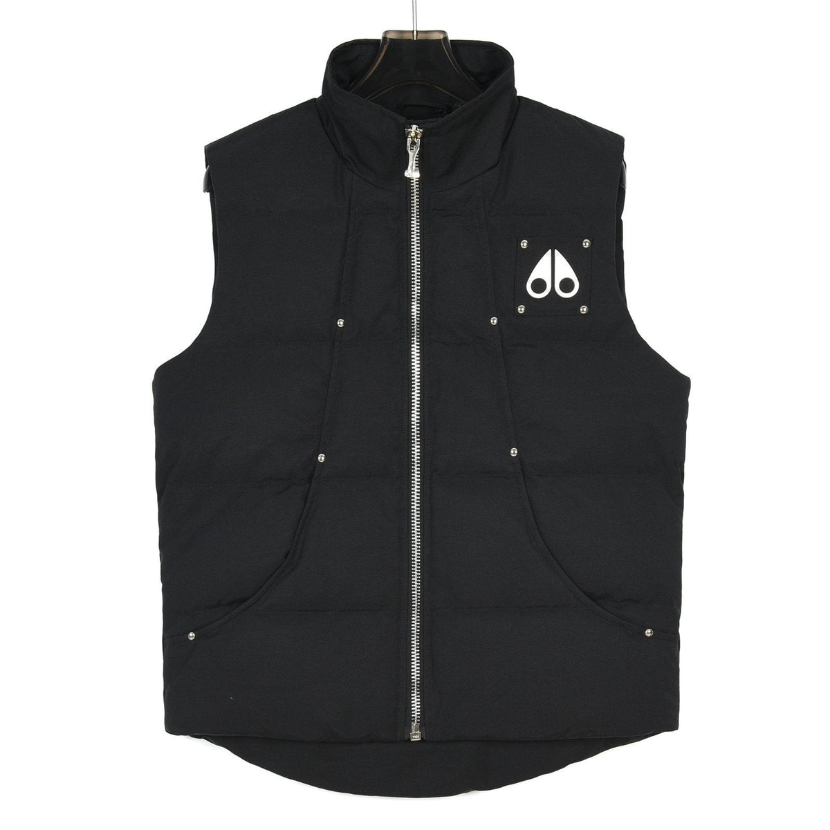 Moose Knuckles Puffer Vest in Black with Metallic Logo and Stud Details