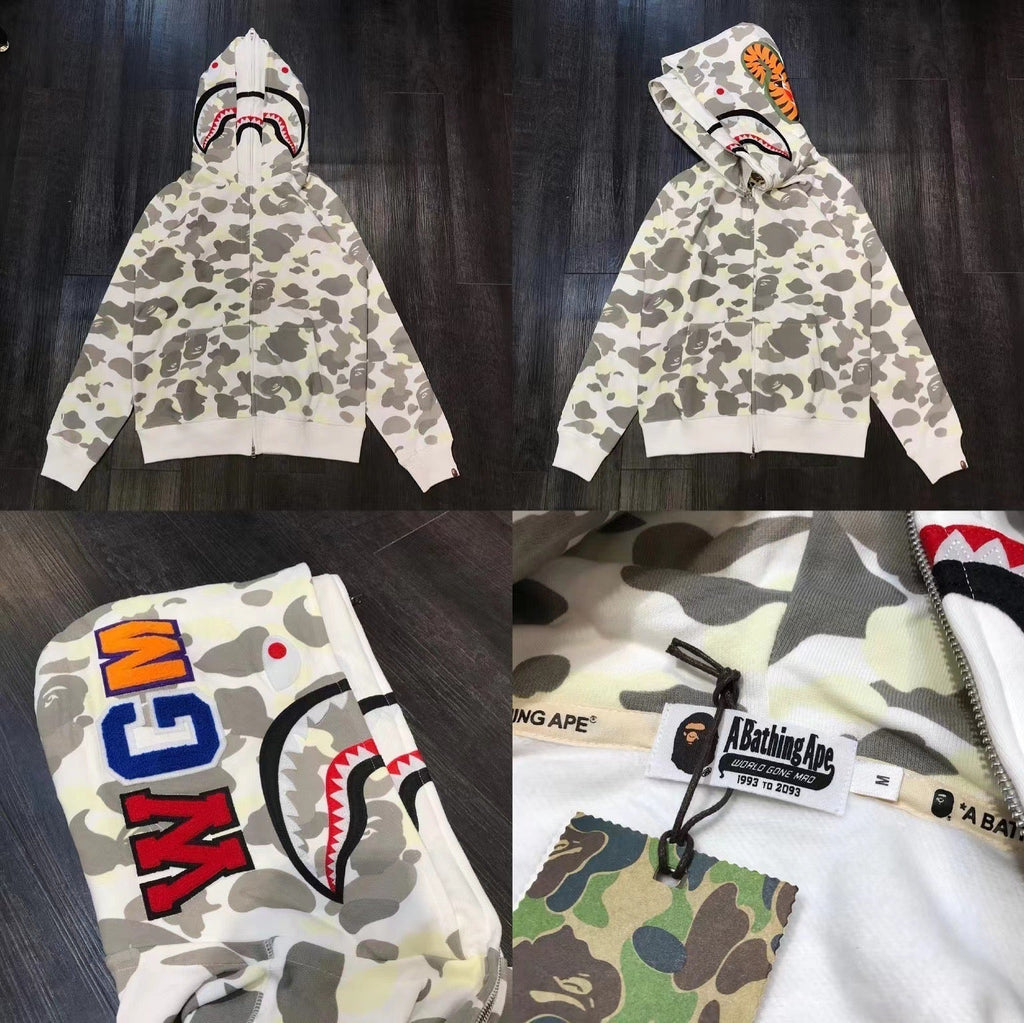 Bape White Camo Double Shark Full Zip Hoodie