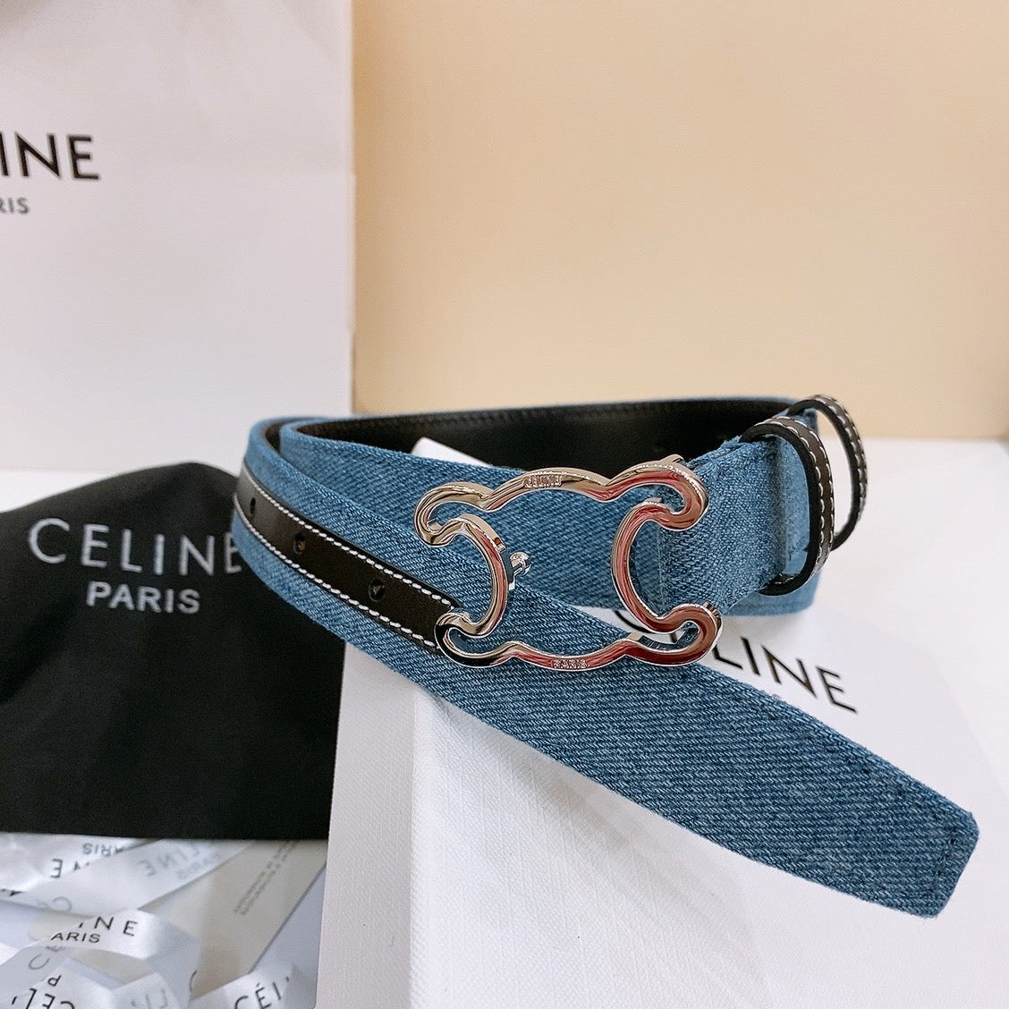 CELINE 25S BELT TRIOMPHE TAURILLON 25MM IN BLACK CALFSKIN AND DENIM 558342