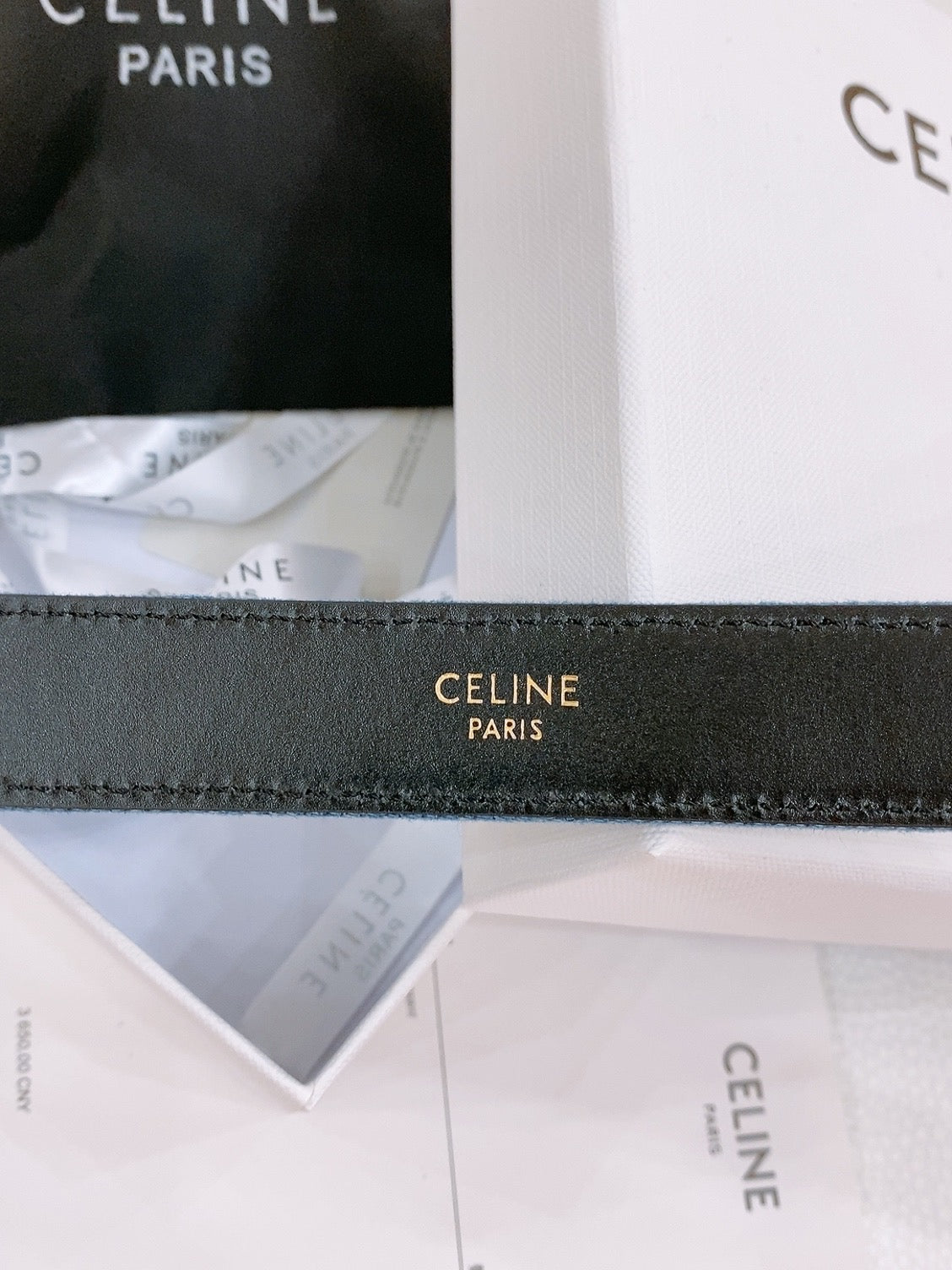 CELINE 25S BELT TRIOMPHE TAURILLON 25MM IN BLACK CALFSKIN AND DENIM 558342