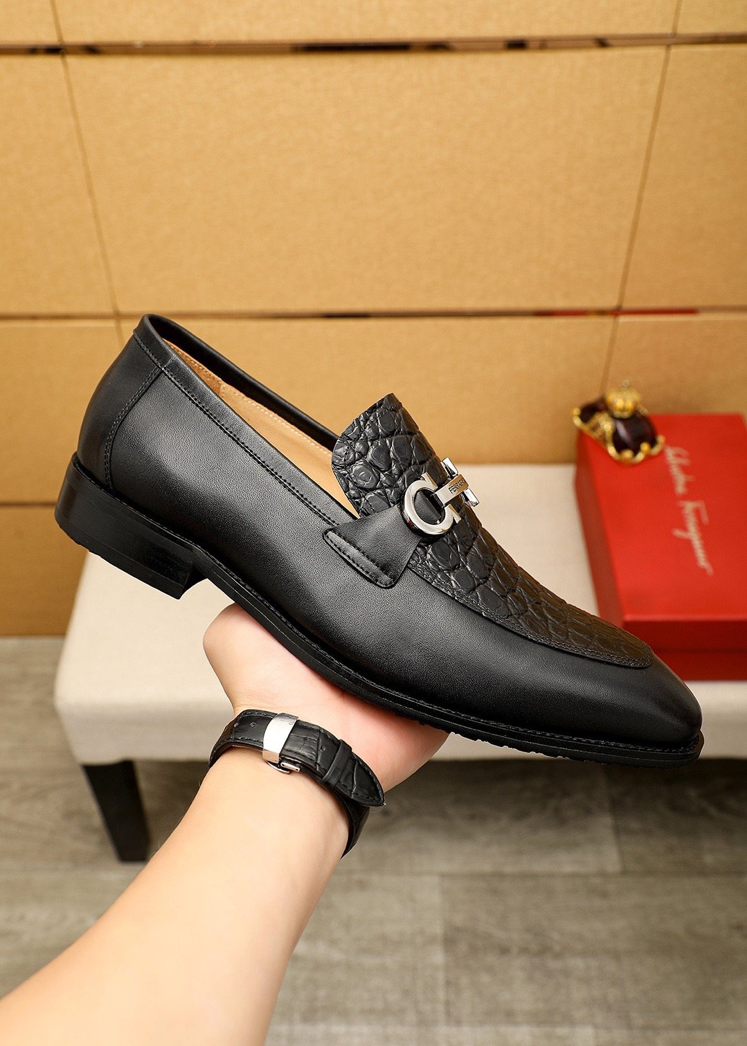 Ferragamo Black Embossed Leather Buckle Loafers