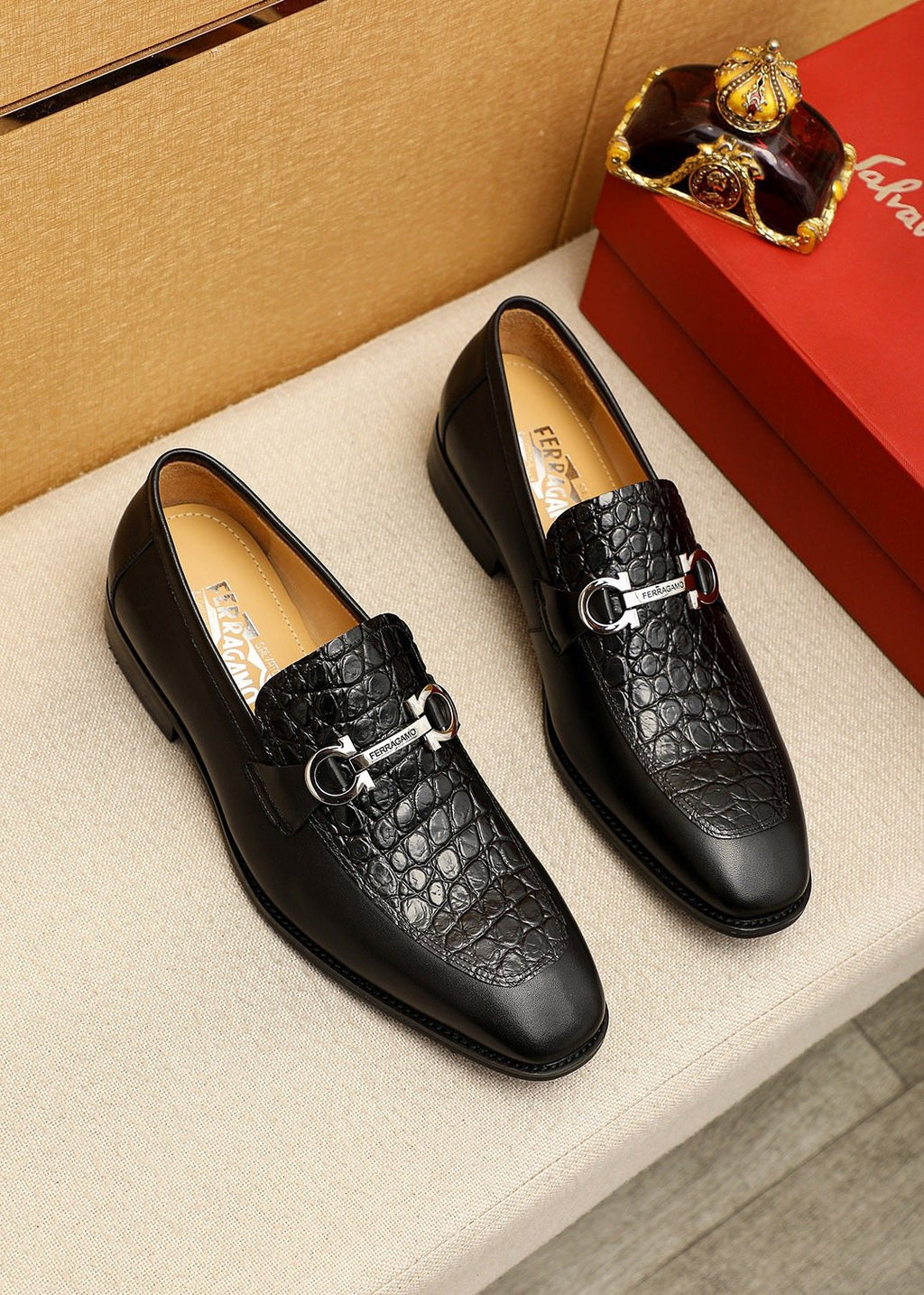 Ferragamo Black Embossed Leather Buckle Loafers