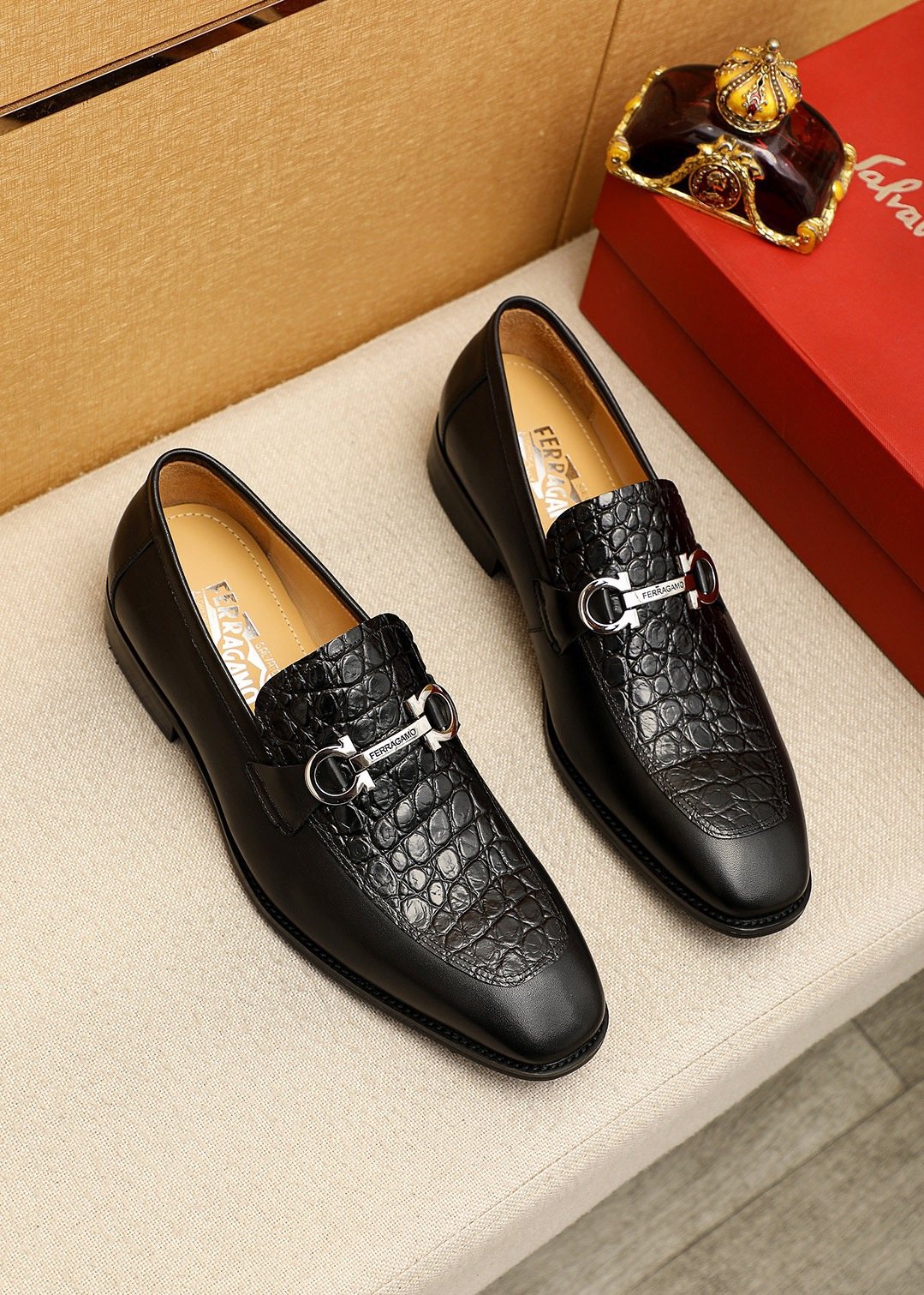 Ferragamo Black Embossed Leather Buckle Loafers