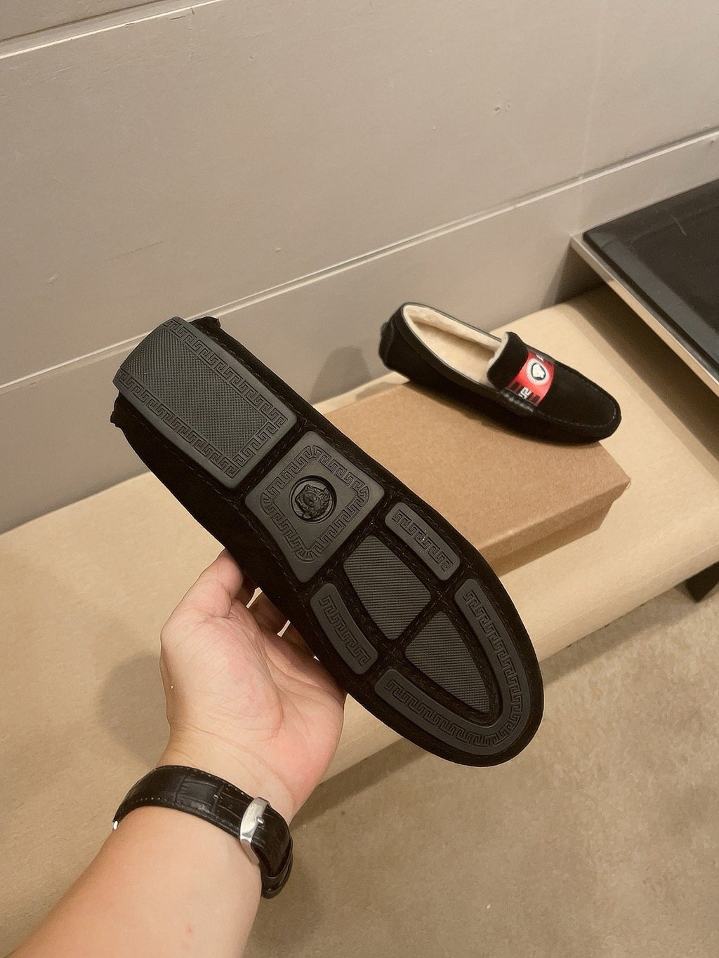Versace Men's Black Red Accent Slip-On Loafers