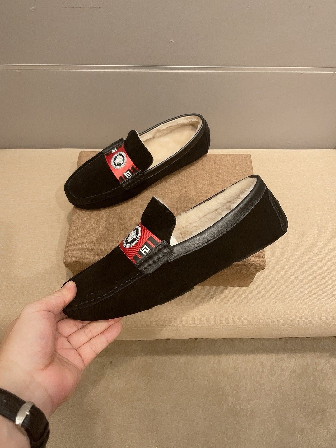 Versace Men's Black Red Accent Slip-On Loafers
