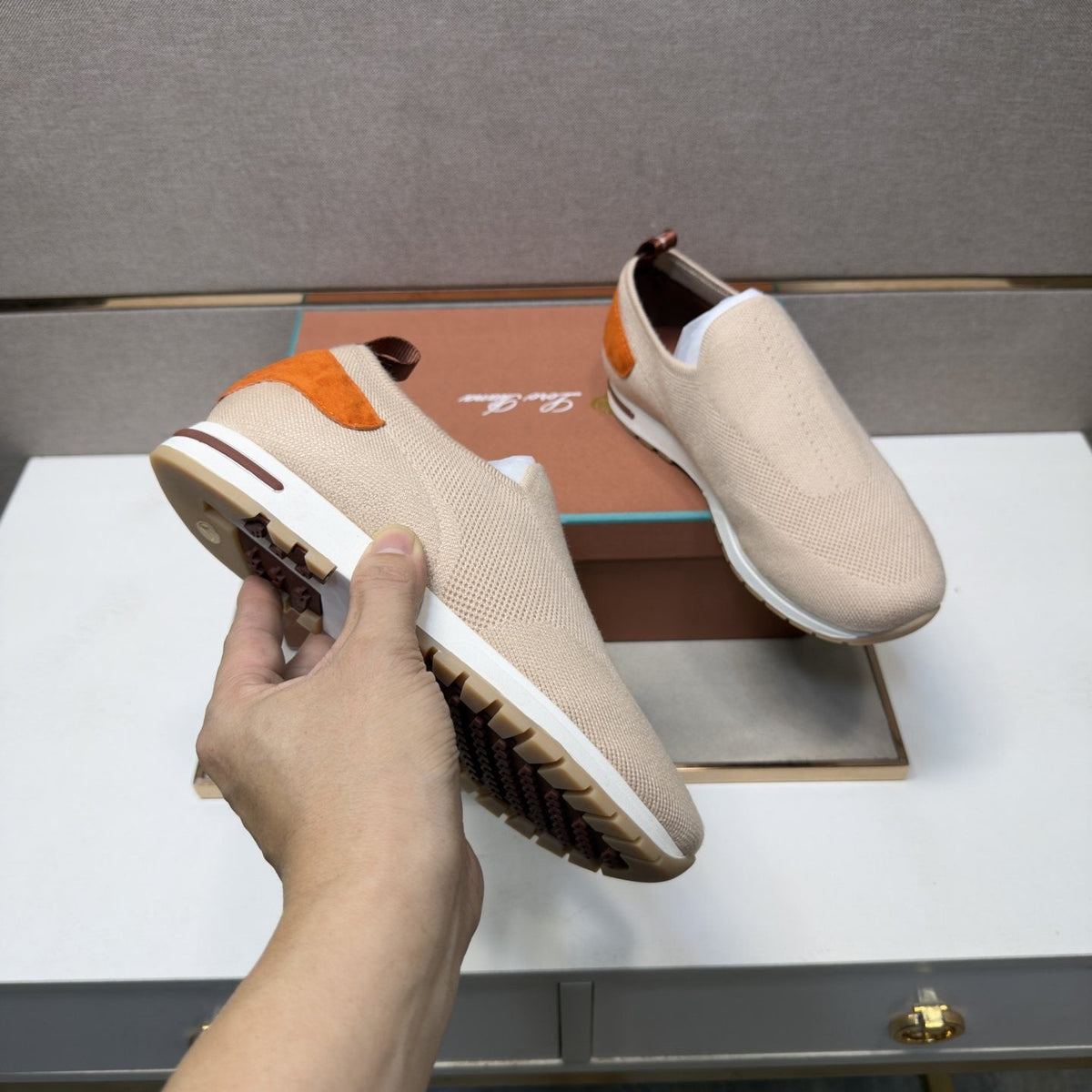 Loro Piana Beige Textured Slip-On Shoes