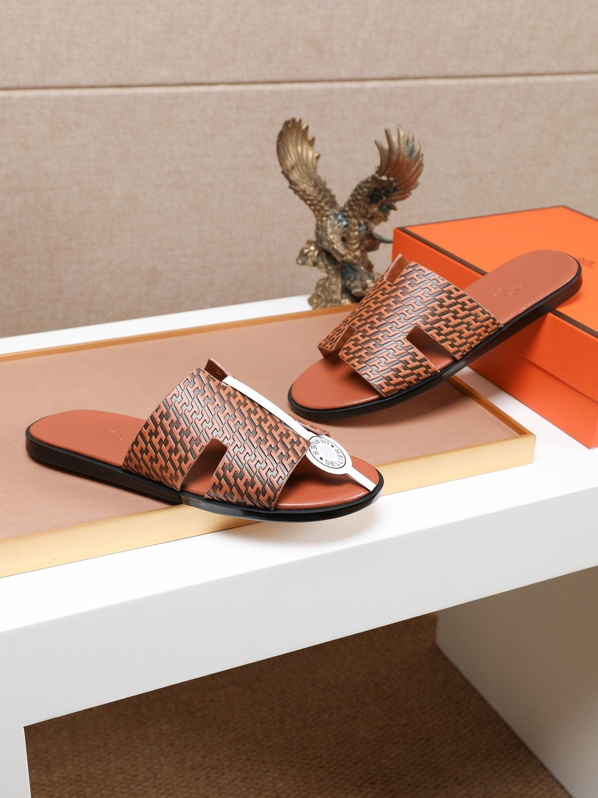 Hermes Brown Patterned H Slide Sandals