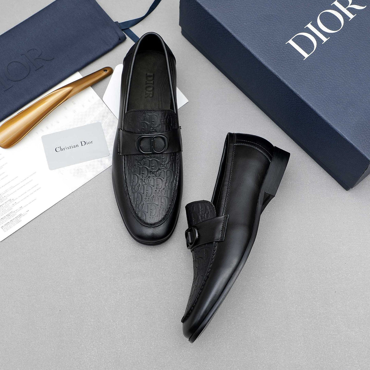 Dior Black Textured Buckle Loafers