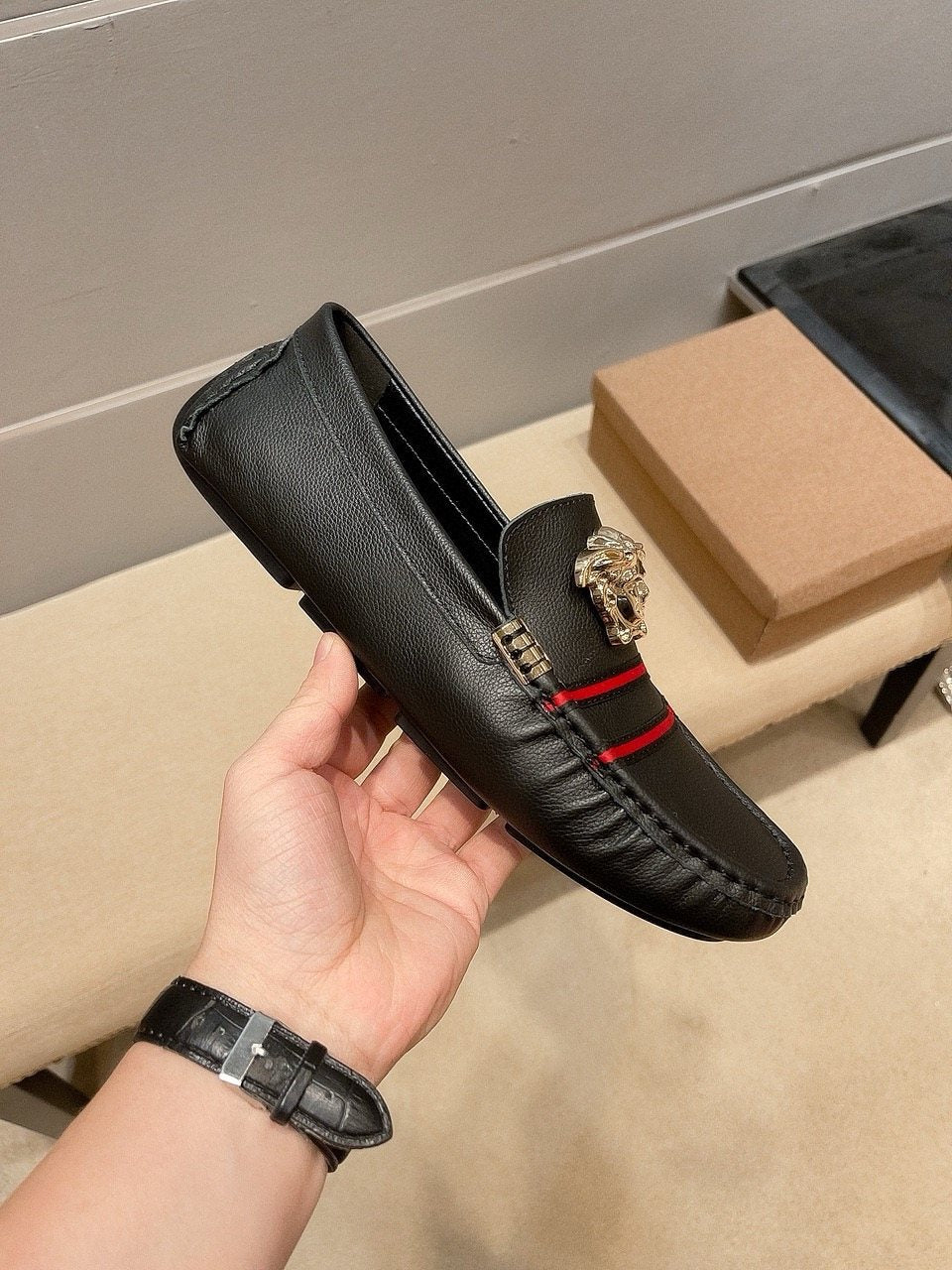 Versace Men's Black Red Stripe Slip-On Loafers