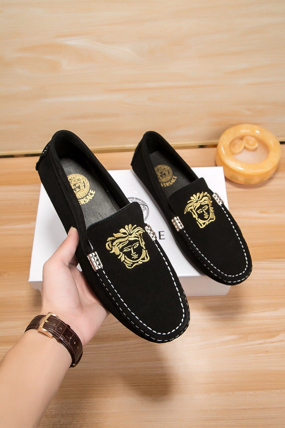 Versace Men's Gold-Embroidered Loafers