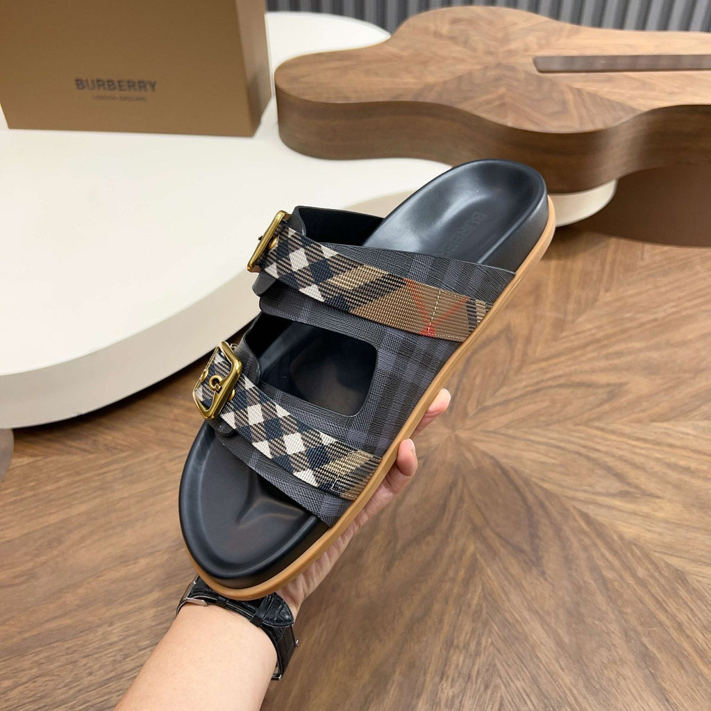 Burberry Black Plaid Two-Strap Slide Sandals