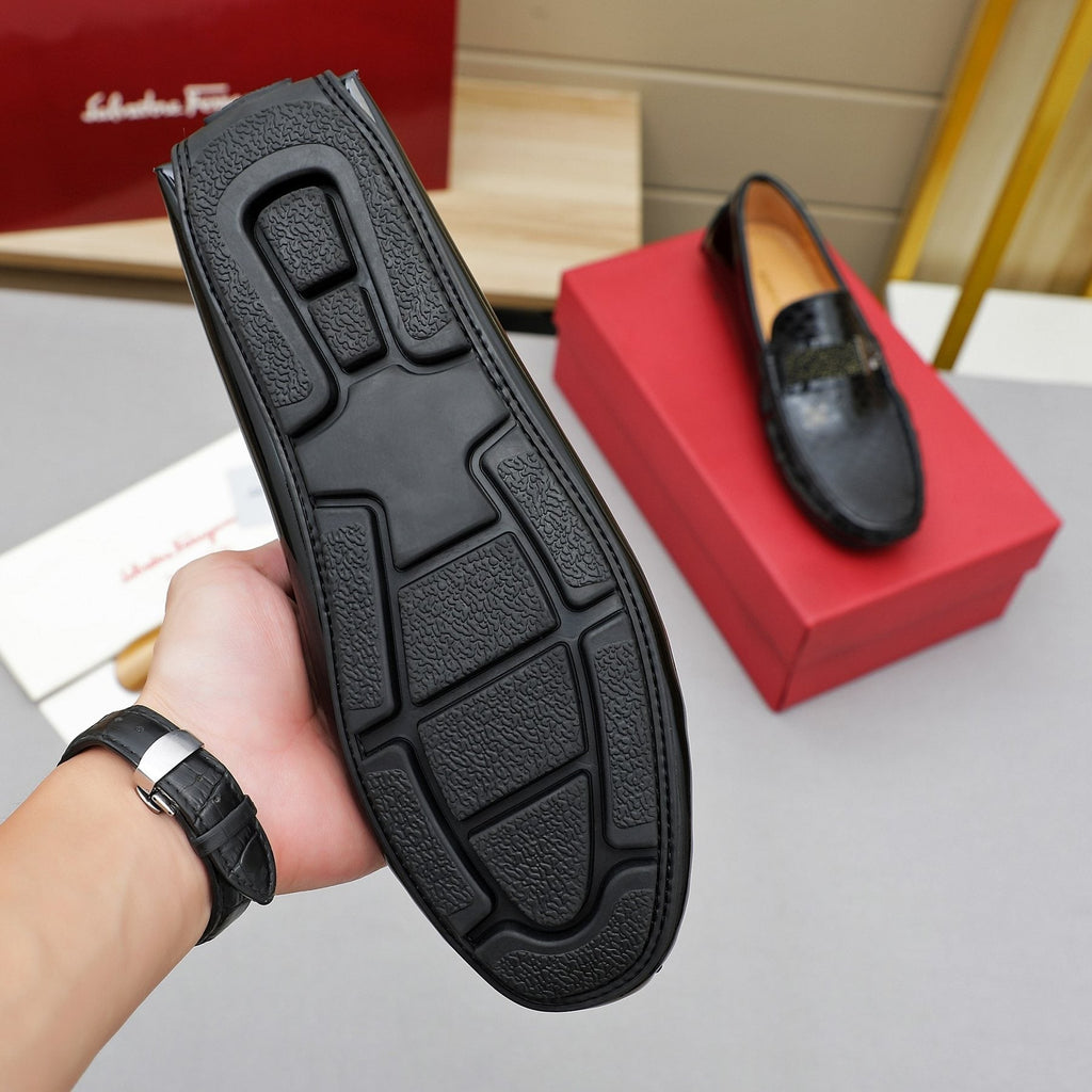 Ferragamo Men's Black Embossed Slip-On Loafers