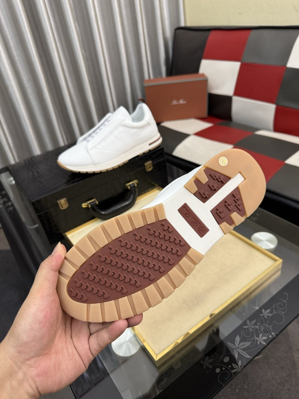 Men's White Slip-On Sneakers with Gray Bands