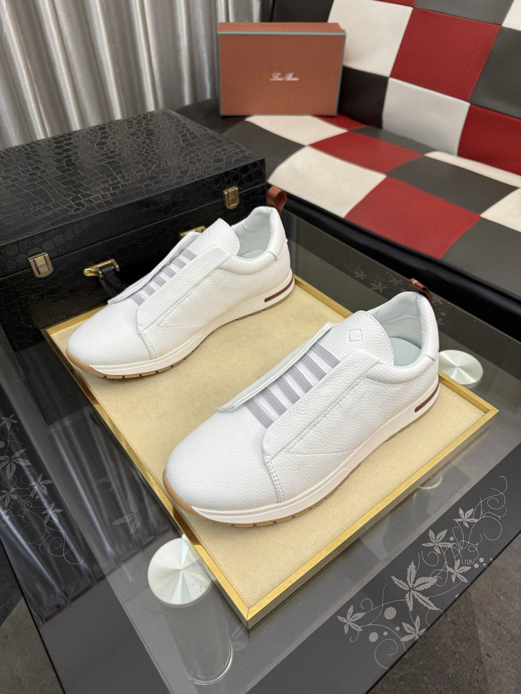Men's White Slip-On Sneakers with Gray Bands