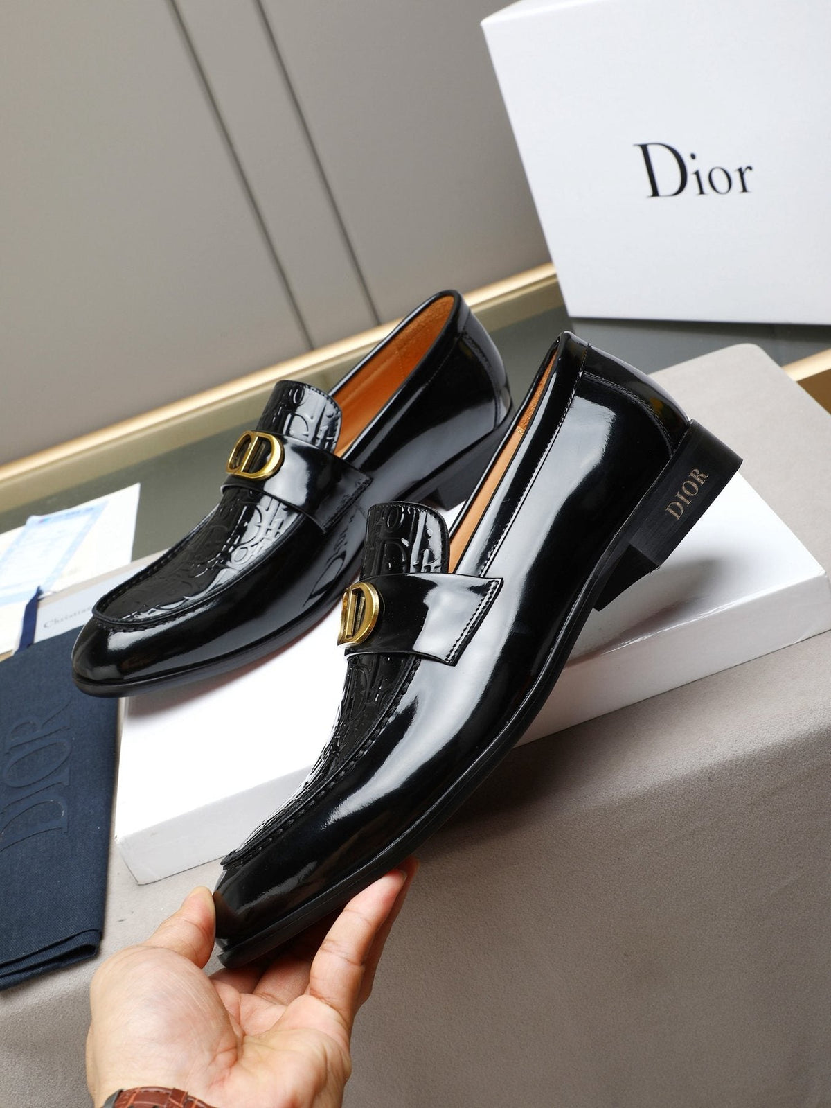 Dior Black Gold-Buckle Slip-On Dress Shoes