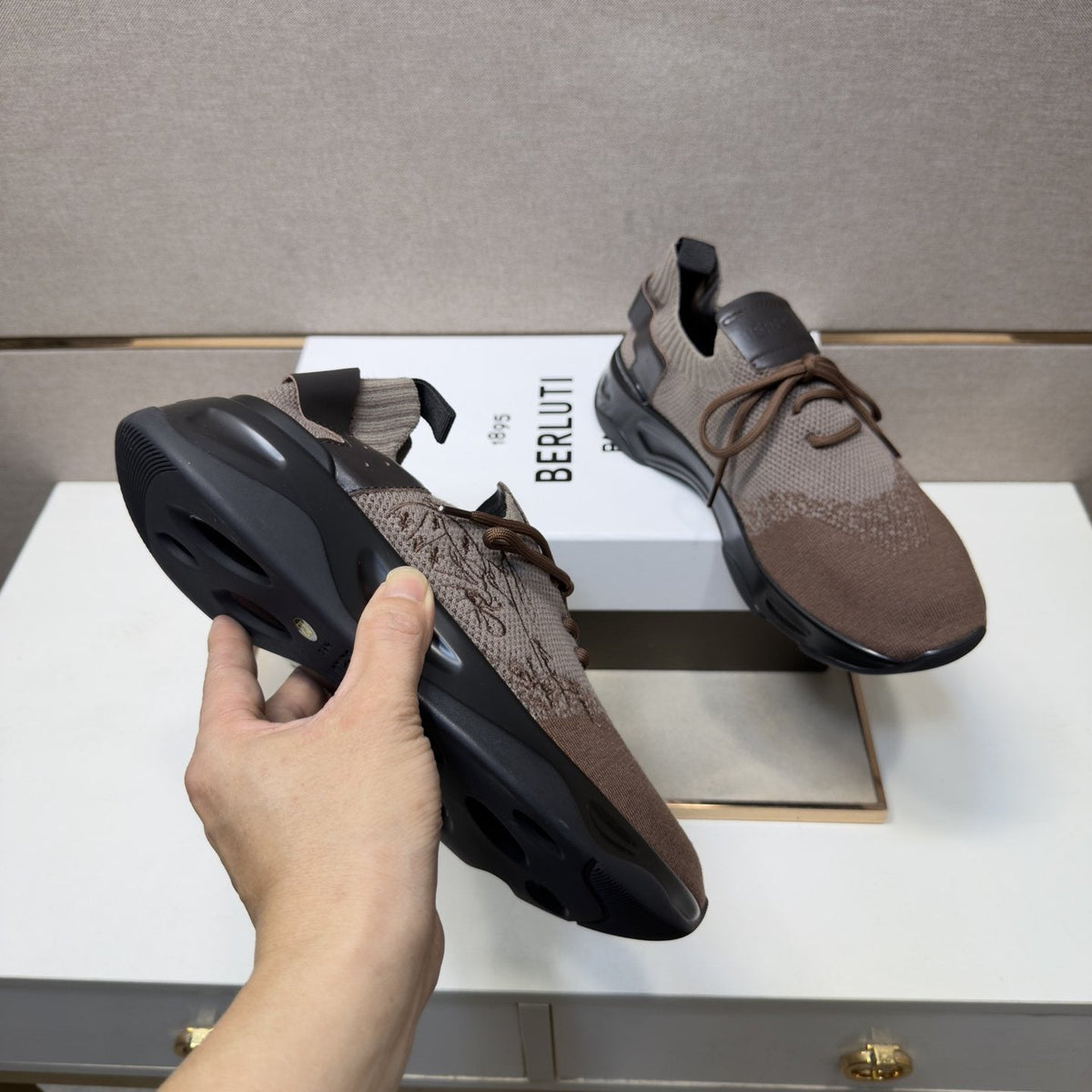 Berluti Men's Taupe Brown and Black Sneakers