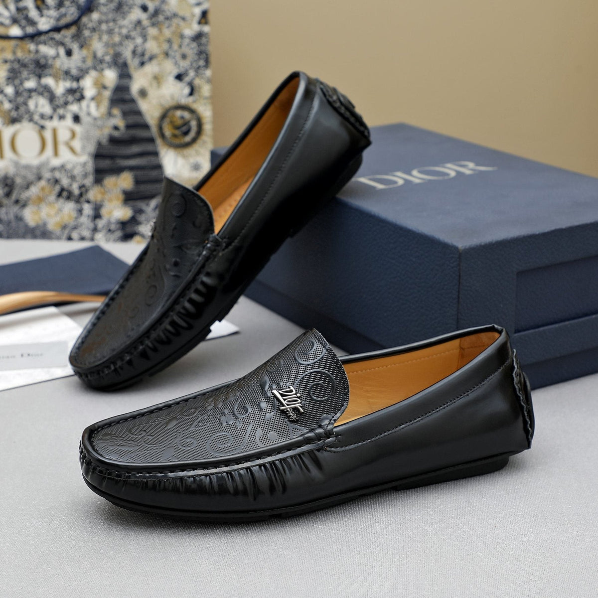Dior Black Embossed Slip-On Loafers