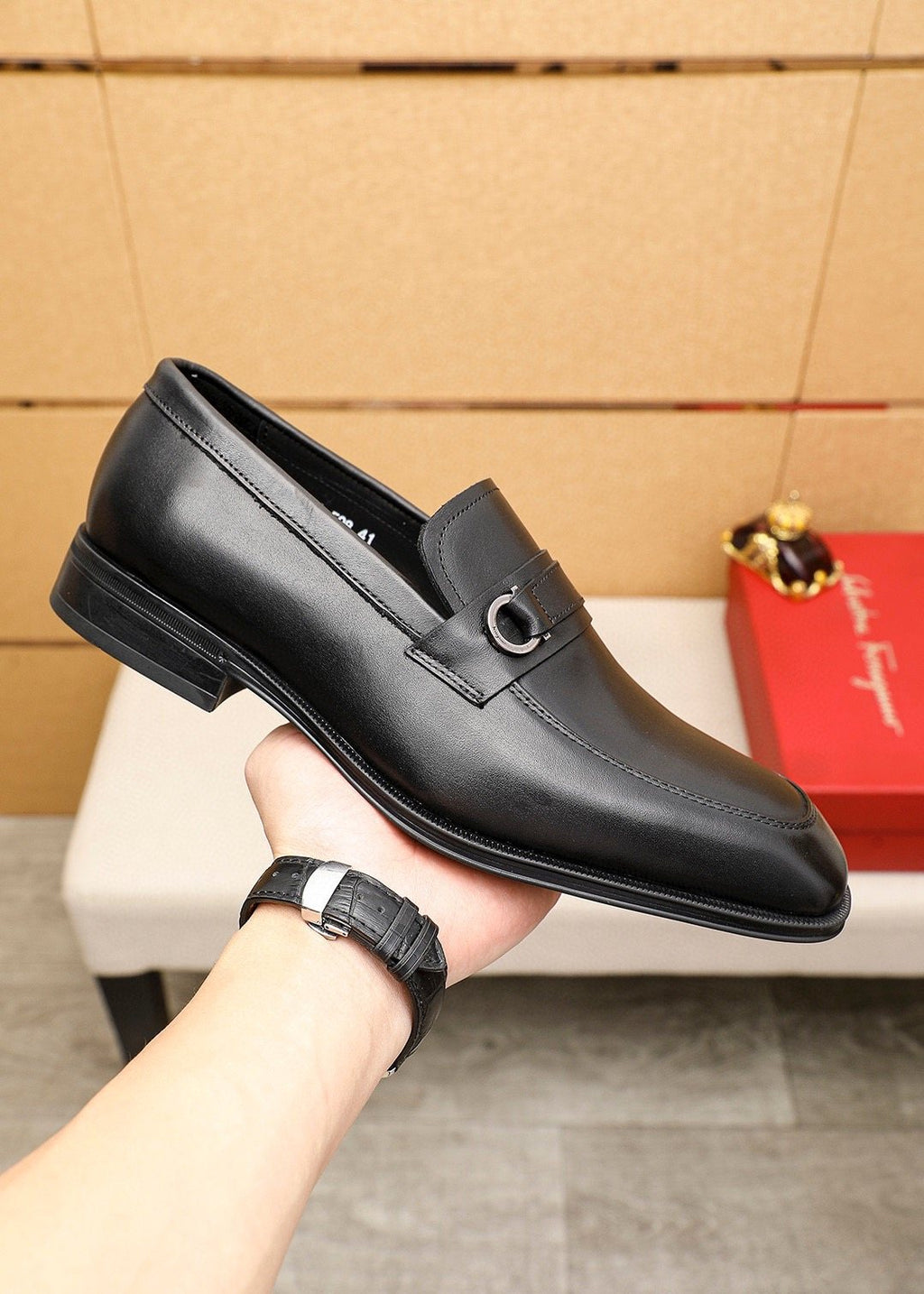 Ferragamo Men's Black Buckle Loafers - Vamp Strap With Metal Buckle Detail
