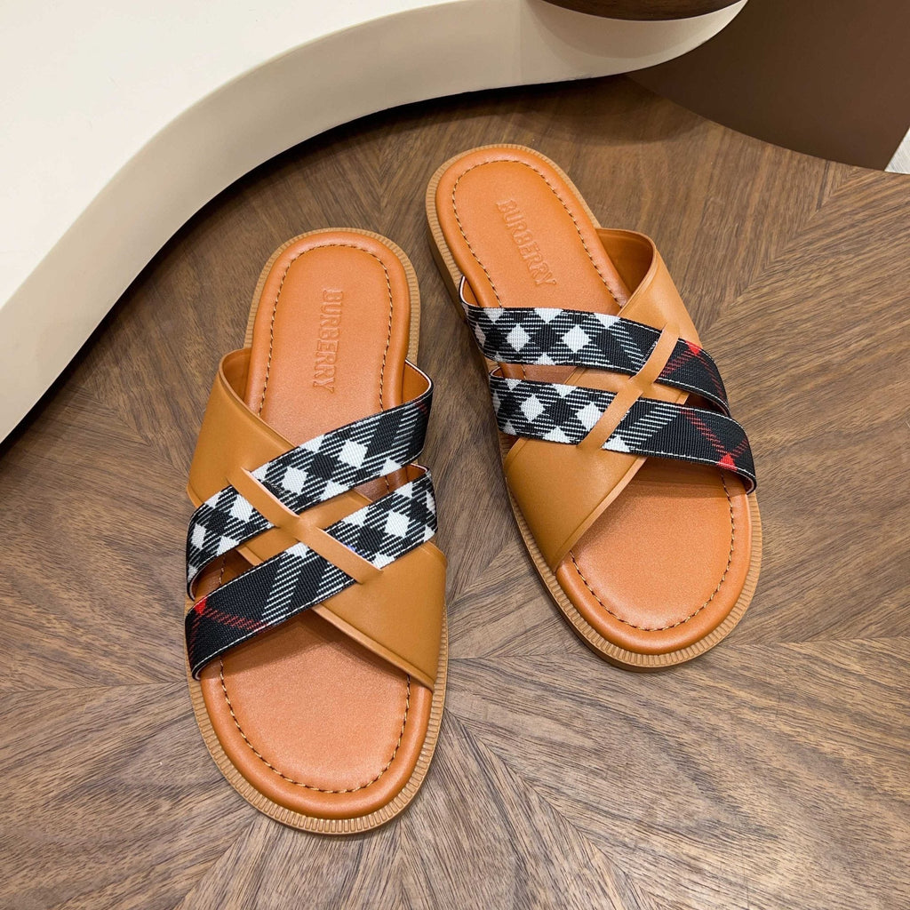 Burberry Plaid Cross-Strap Slide Sandals - Check Pattern