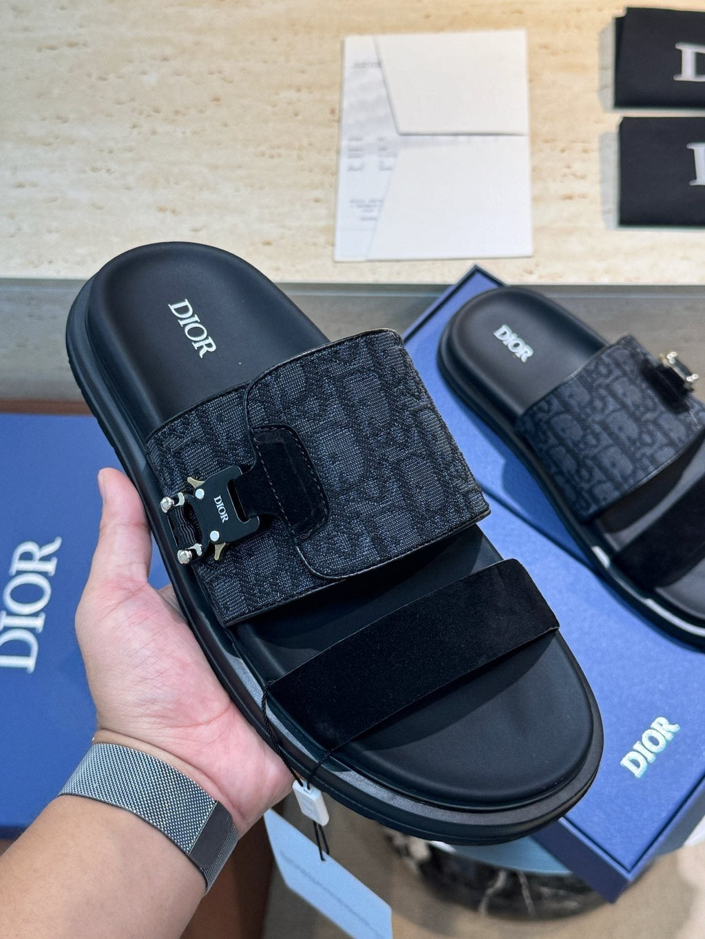 Dior Men's Aqua Monogram Slide Sandals
