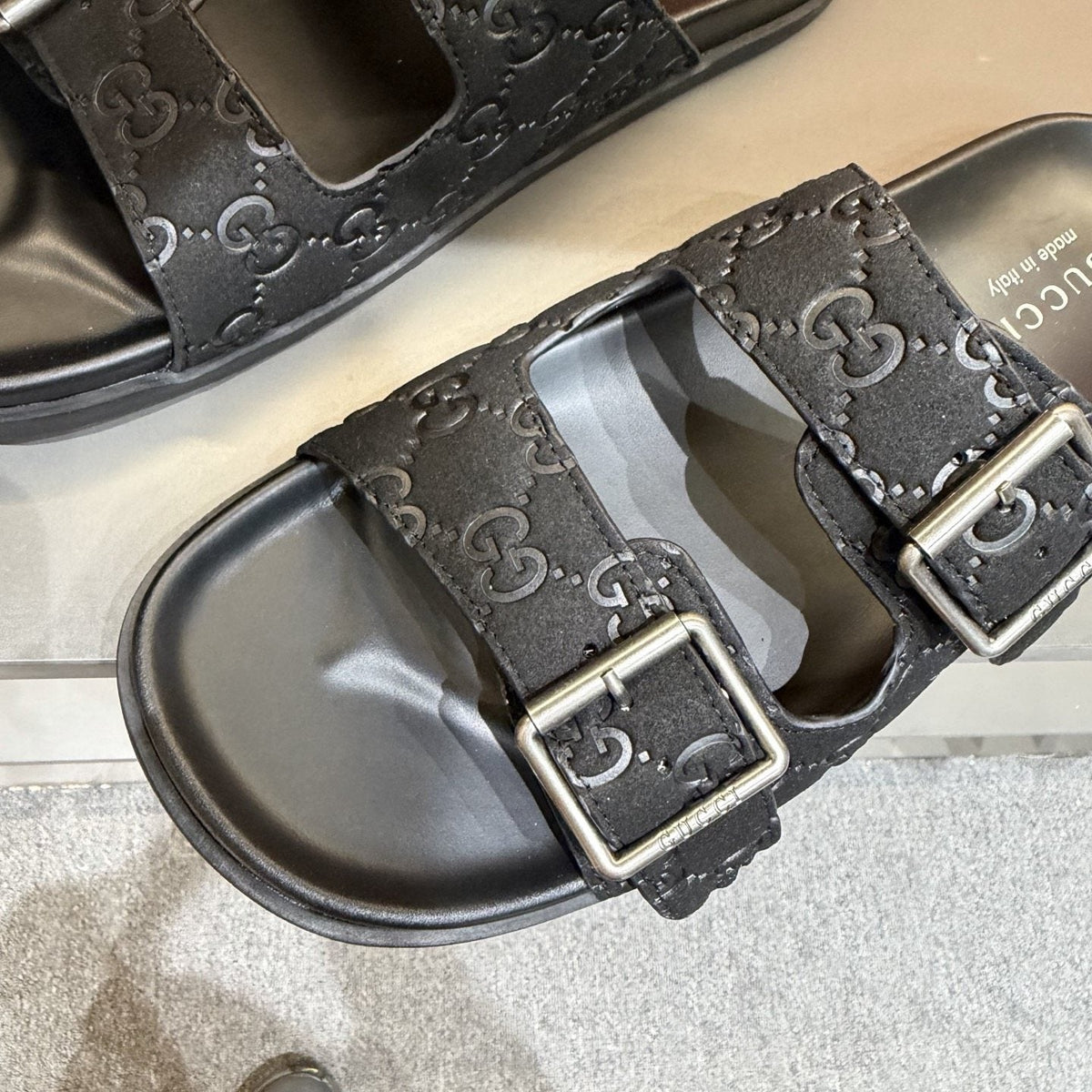 Gucci Two-Buckle Monogram Slide Sandals