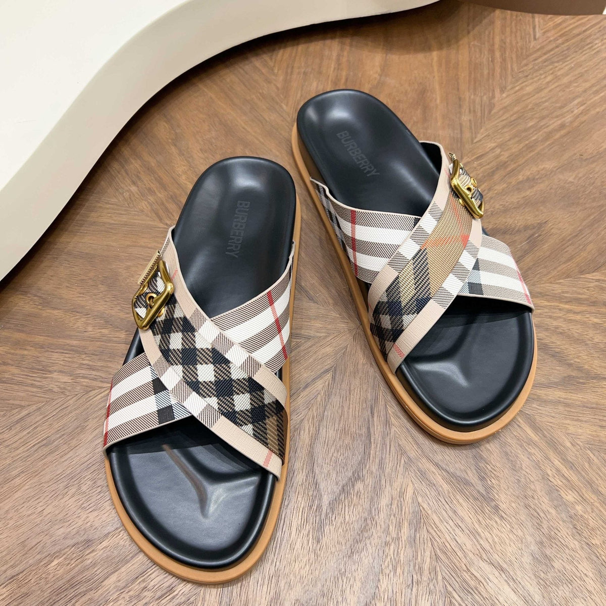 Burberry Check Cross-Strap Slide Sandals - Molded Footbed