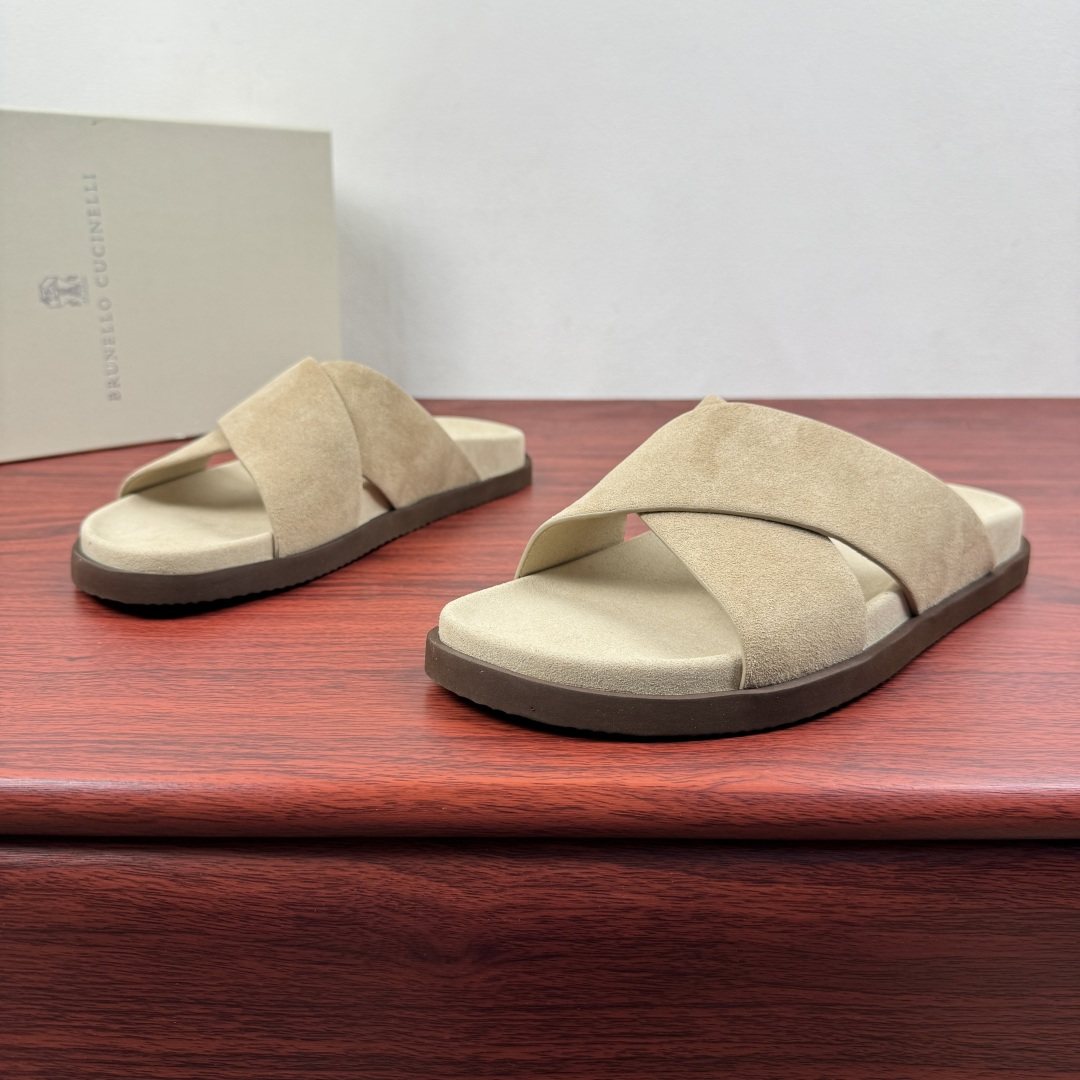 Brunello Cucinelli Men's Cross-Strap Slide Sandals - Low-Profile Dark Sole