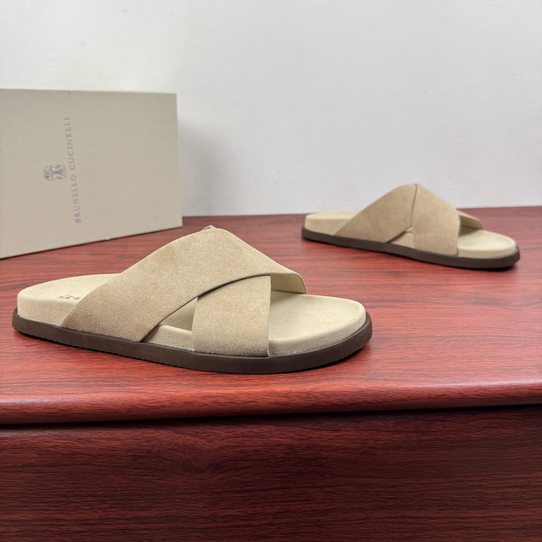 Brunello Cucinelli Men's Cross-Strap Slide Sandals - Low-Profile Dark Sole