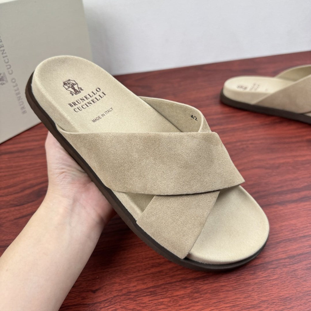 Brunello Cucinelli Men's Cross-Strap Slide Sandals - Low-Profile Dark Sole