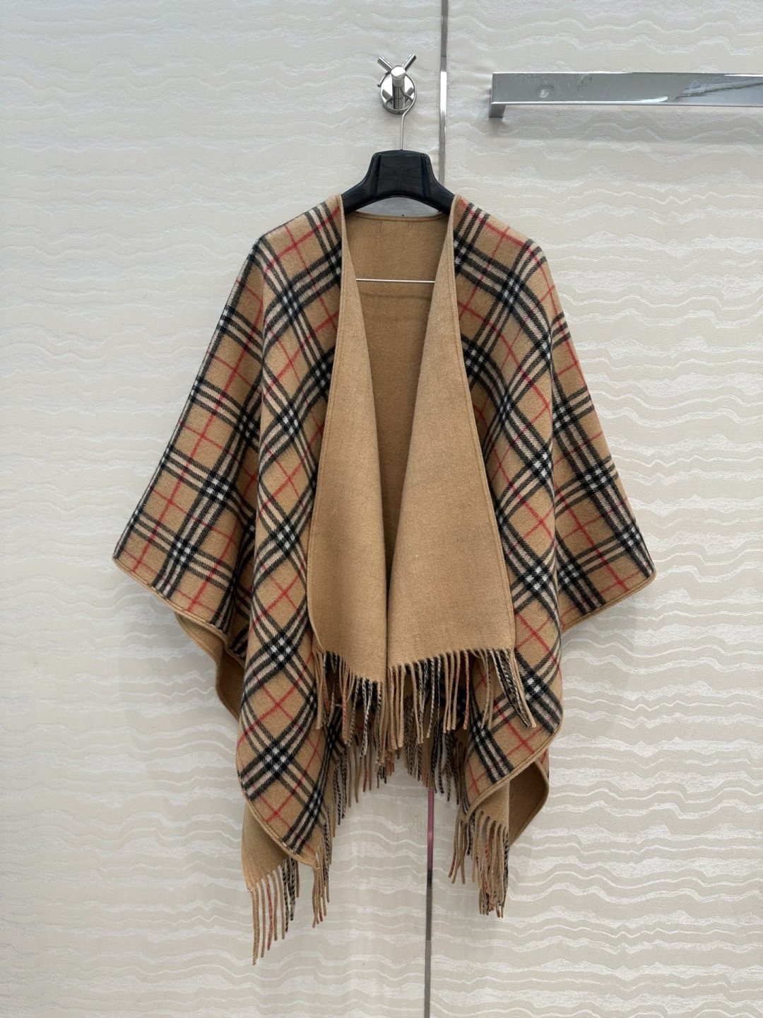 Black Reversible Plaid Fringed Poncho