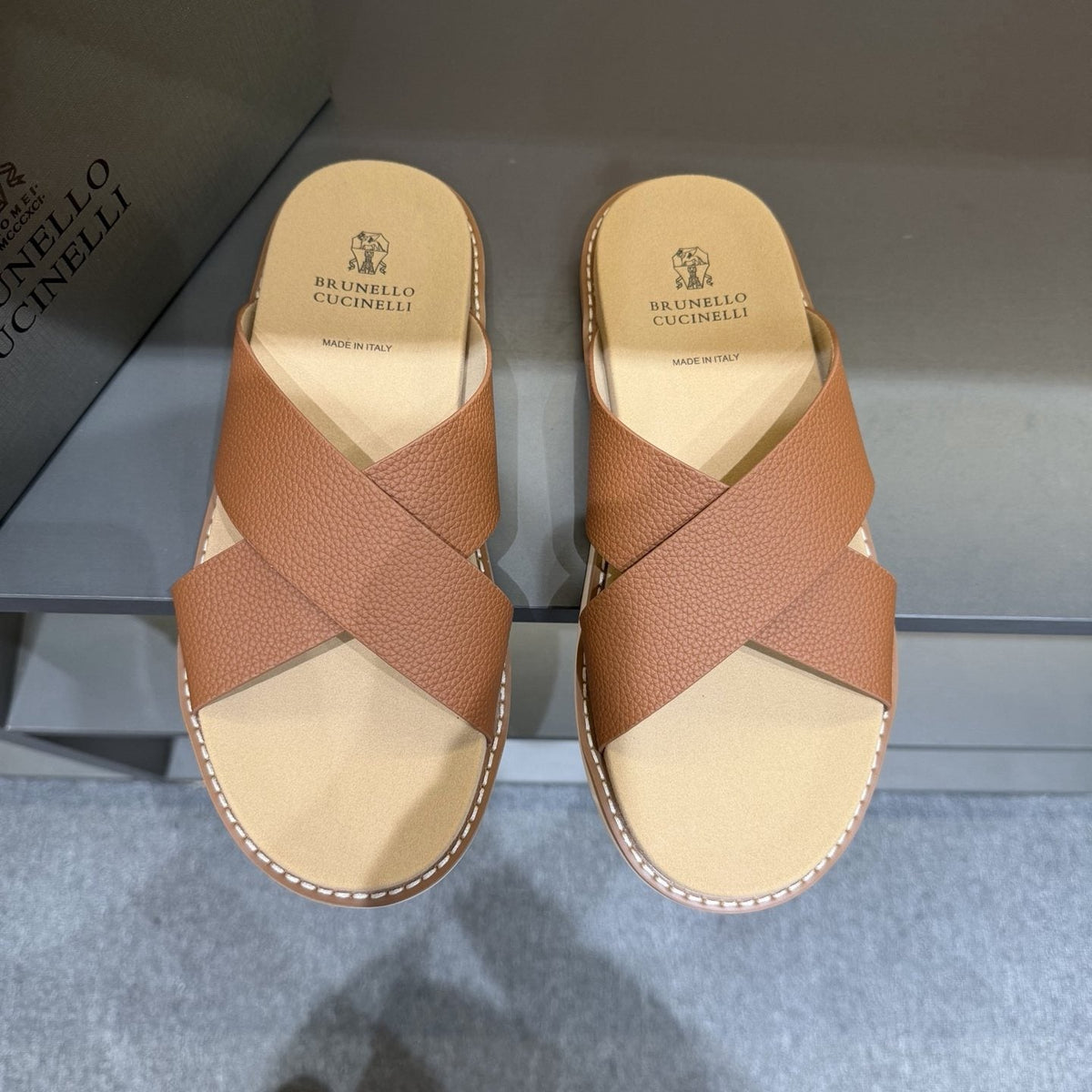 Brunello Cucinelli Men's Cross-Strap Slide Sandals - Cross-Over Strap Design