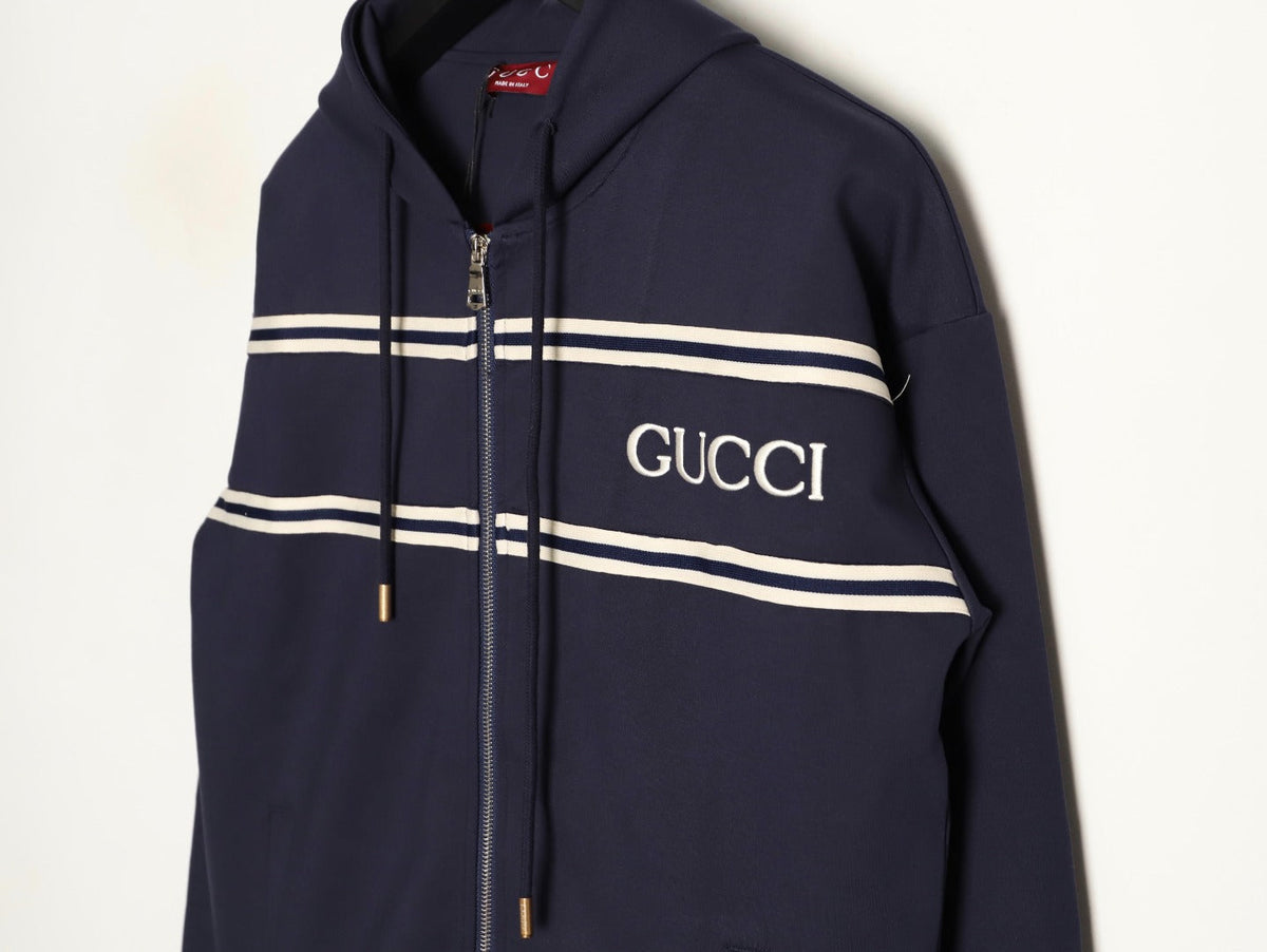 Gucci Chest-Logo Contrast-Stripe Hooded Zip Jacket - Navy